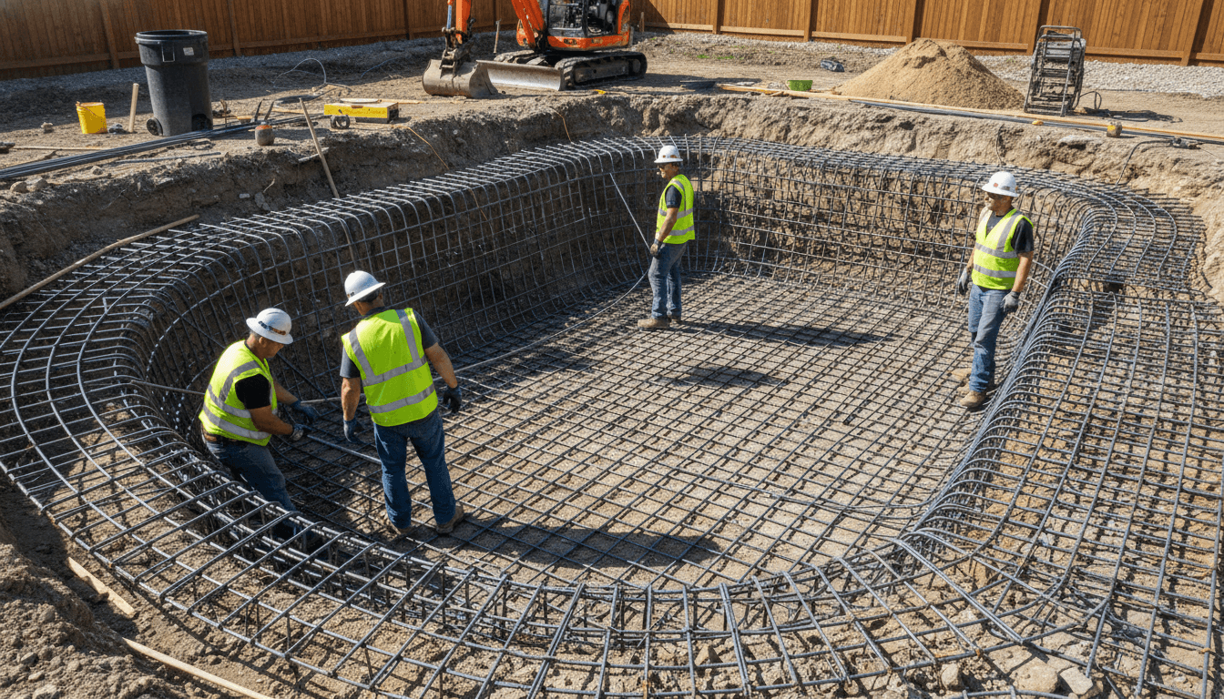 Professional pool construction crew installing rebar framework
